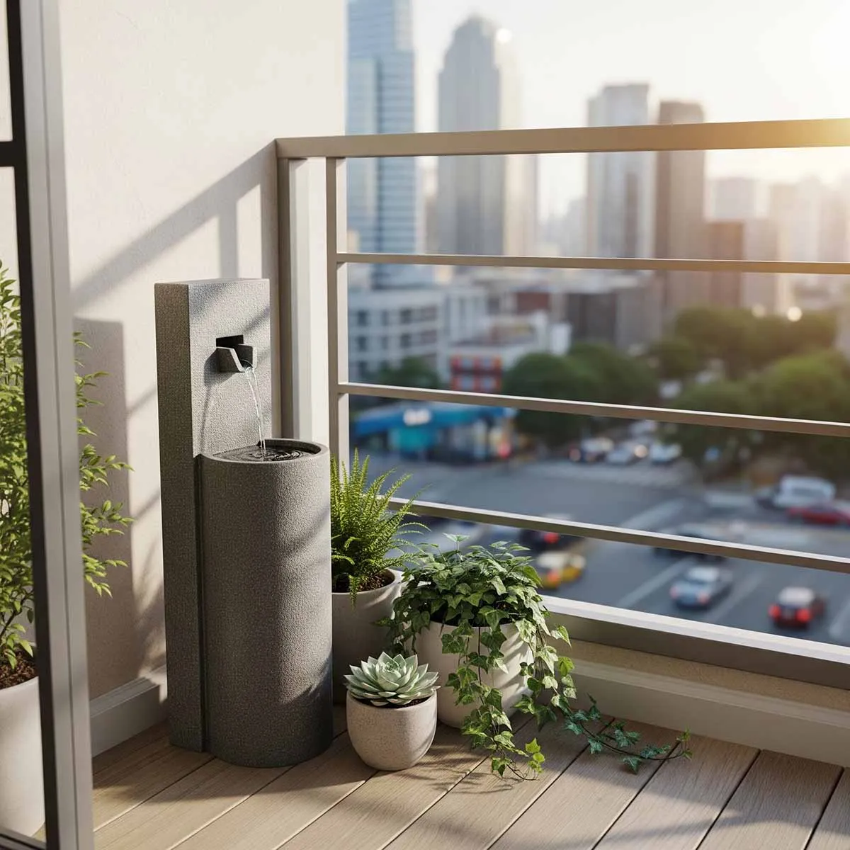 آبنما ایستاده کوچک خانگی با رنگ طوسی، در بالکن آپارتمان با گلدانهای سبز و چشمانداز شهری