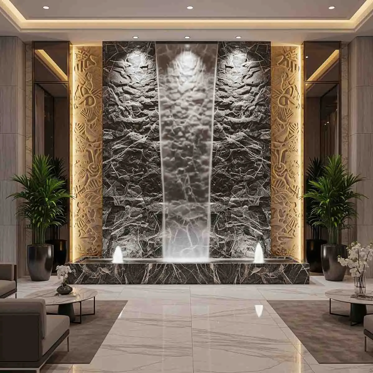 آبنما دیواری مدرن با ریزش آب پردهای روی سنگهای تیره، نورپردازی مخفی و دکوراسیون لوکس لابی