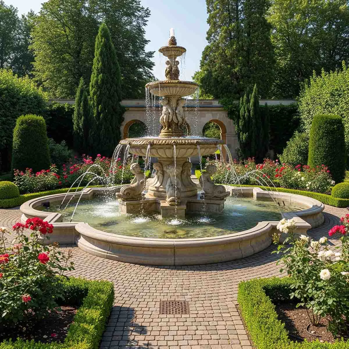 آبنما سنگی باغی سه طبقه کلاسیک با فواره، در محوطه سرسبز ویلا با گلهای رز رنگی