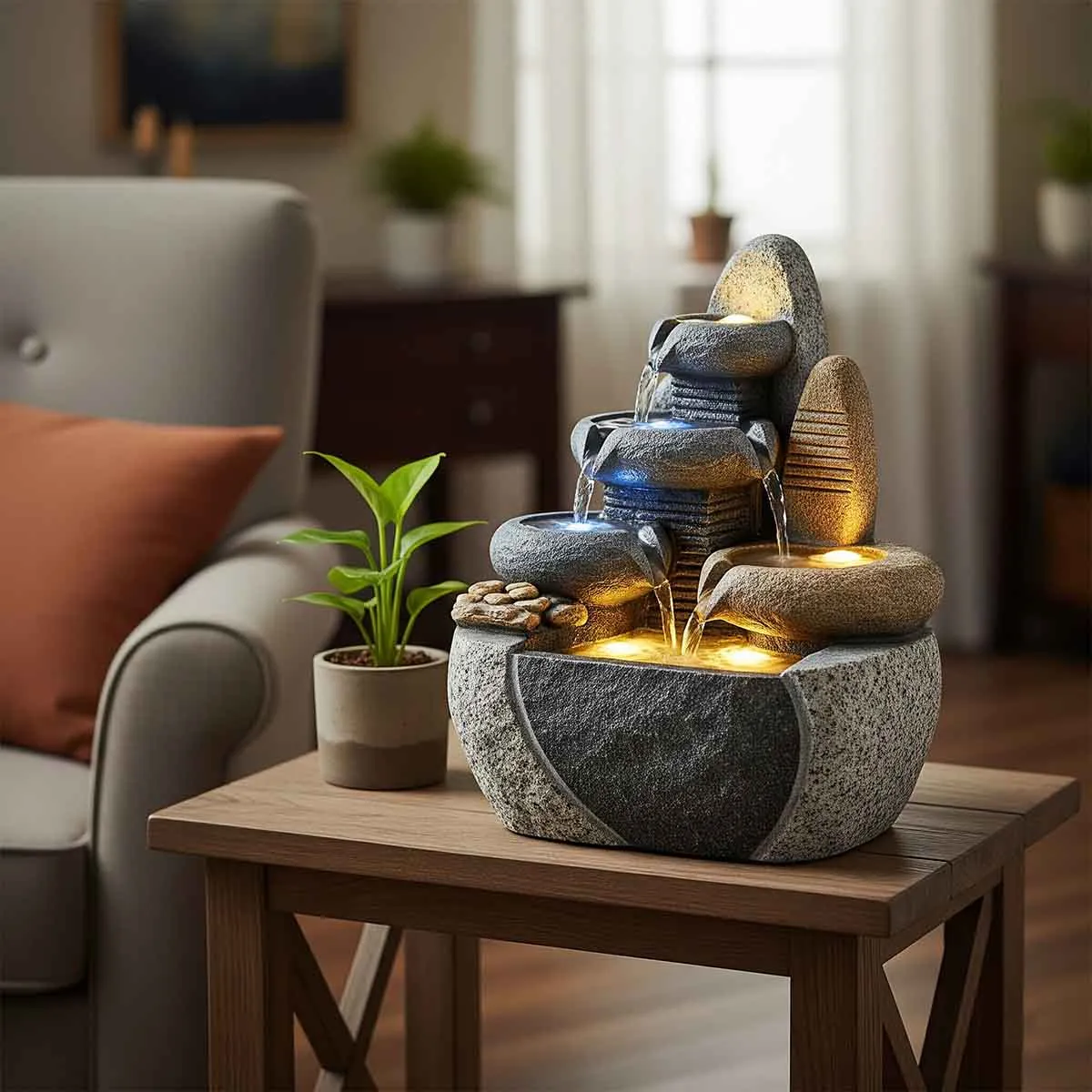 آبنما سنگی خانگی با نورپردازی روشن و جریان آب، قرار گرفته روی میز چوبی در دکوراسیون داخلی منزل