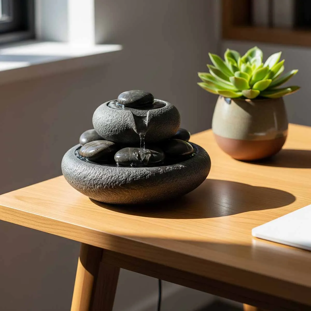 آبنما سنگی رومیزی کوچک و دایرهای با سنگهای سیاه و گیاه ساکولنت، روی میز چوبی کنار پنجره