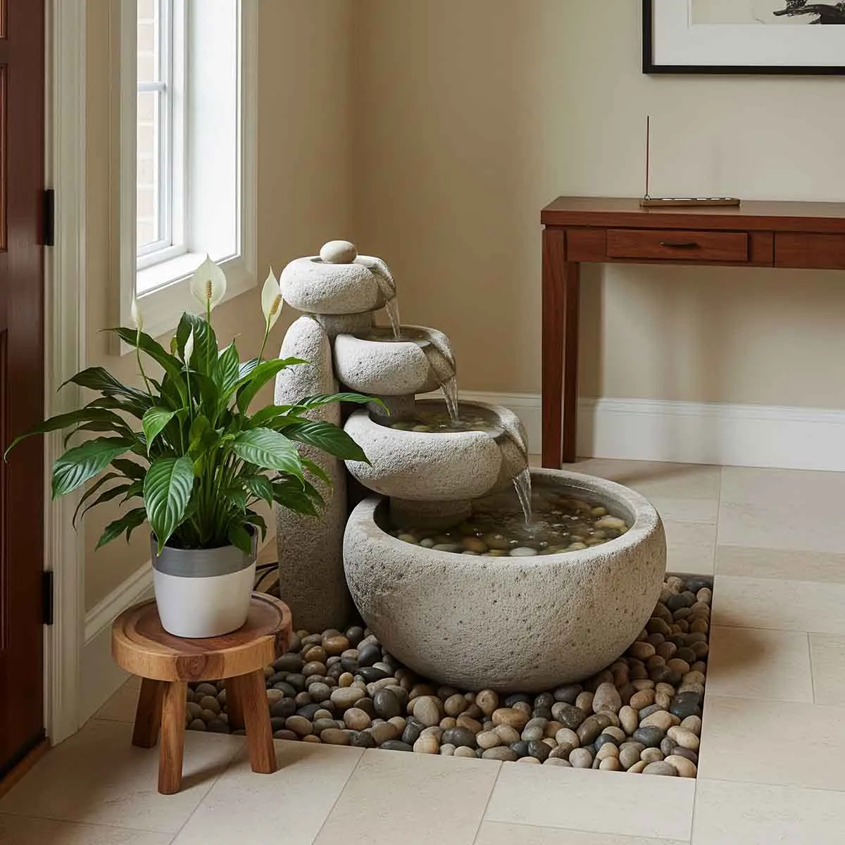 آبنما سنگی سه طبقه در ورودی خانه، کنار گلدان بزرگ و تزیینات فنگ شویی برای جذب انرژی مثبت