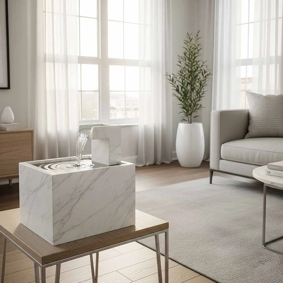 آبنما سنگی مدرن و مینیمال از جنس سنگ مرمر سفید، روی میز چوبی در پذیرایی آپارتمان