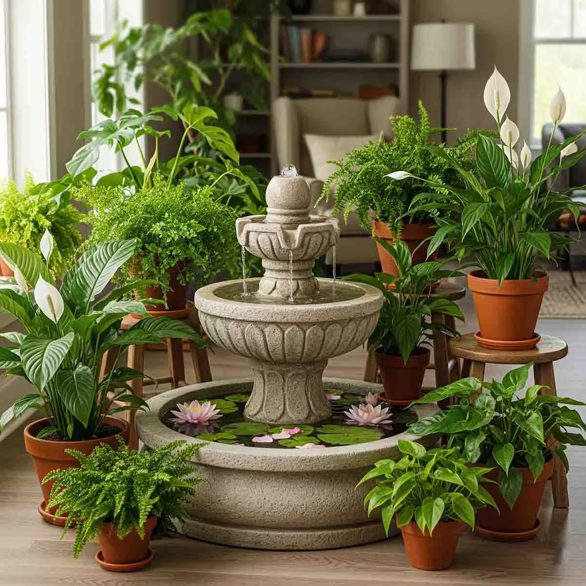 آبنما سنگی کلاسیک در میان گیاهان آپارتمانی متنوع و سبز، نمادی از تصفیه هوا و رطوبت طبیعی