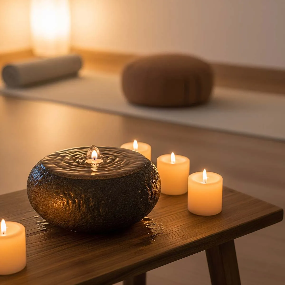 آبنما سنگی کوچک با شمعهای روشن در یک محیط آرامشبخش، مناسب مدیتیشن و استراحت