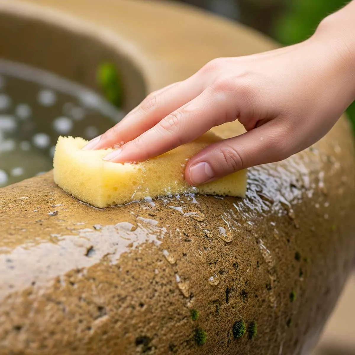 دست در حال تمیز کردن سطح حوض آبنمای سنگی با اسفنج نرم و آب برای جلوگیری از رسوب