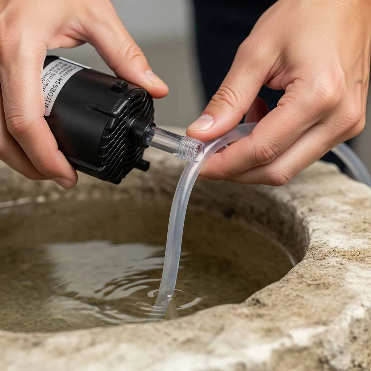 نصب پمپ آبنما در آبنما سنگی؛ دست در حال اتصال شلنگ به پمپ آبنما کوچک