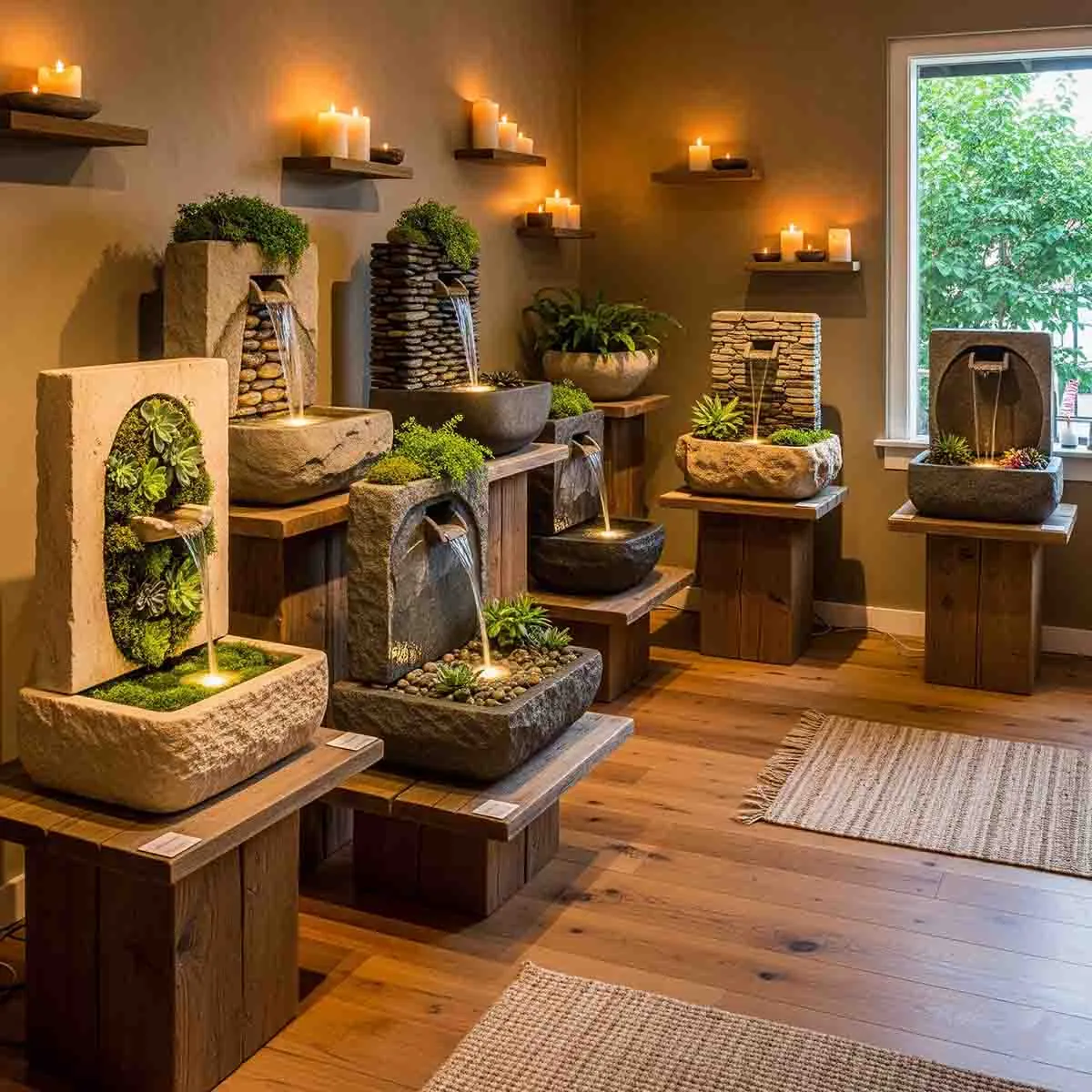 نمای داخلی شوروم آبنمای سنگدانه با چیدمان آبنماهای سنگی طبیعی و دست ساز با نورپردازی گرم و شمع
