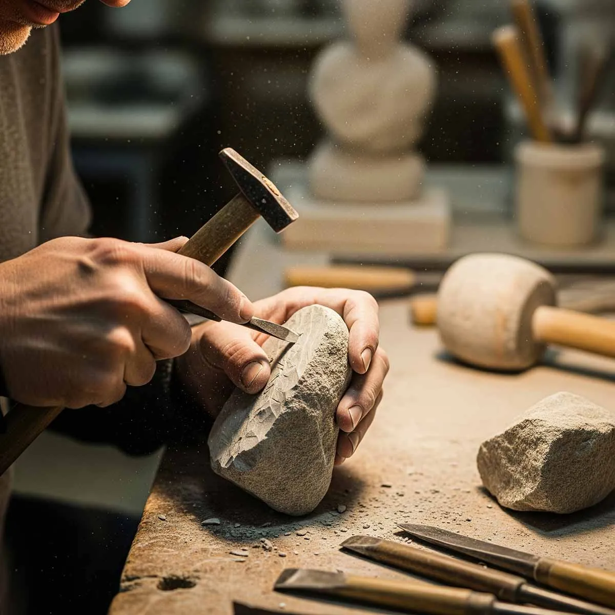 هنرمندی در حال تراشیدن و ساخت آبنمای سنگی دست ساز با اسکنه و چکش در کارگاه