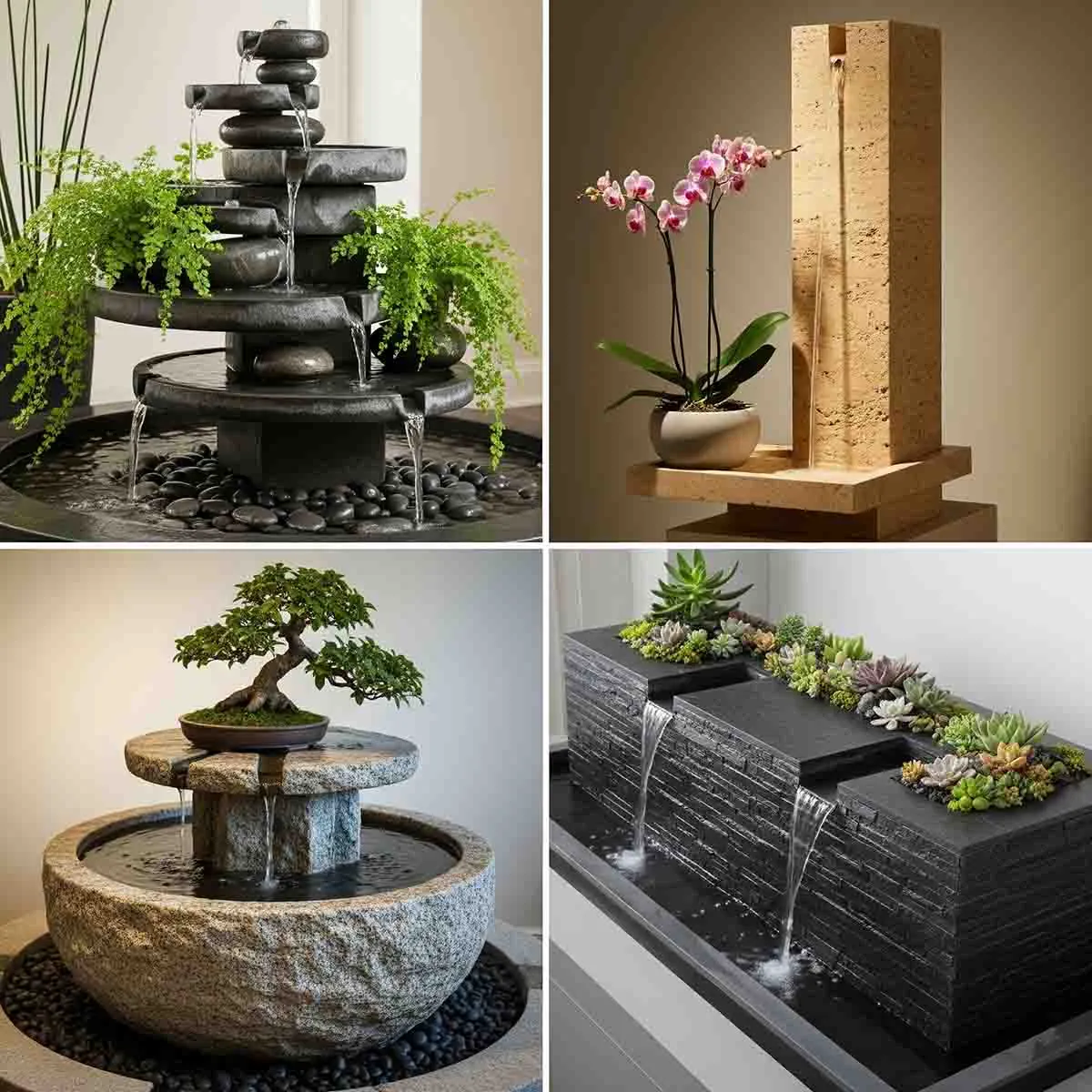 کلاژ چهار آبنمای سنگی خانگی دست ساز با گیاهان طبیعی متنوع، شامل مدل رومیزی و ایستاده
