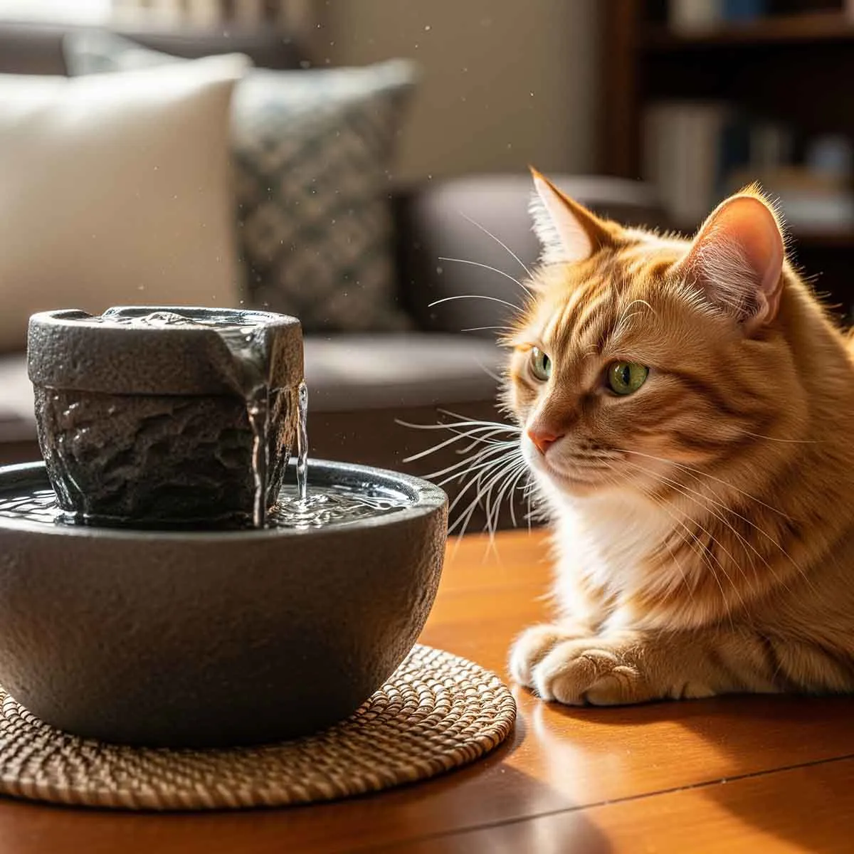 گربه نارنجی در حال تماشای آبنمای سنگی کوچک رومیزی در داخل خانه، نمادی از امنیت برای حیوانات خانگی