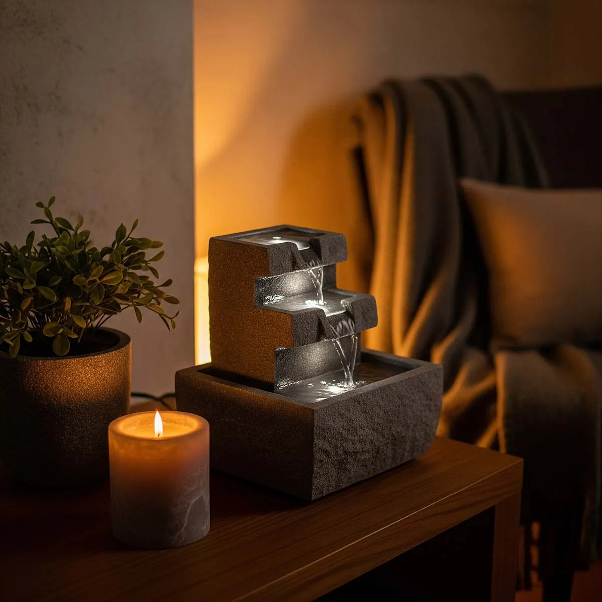 گوشه دنج آرامش بخش با صدای آب و شمع و گیاه