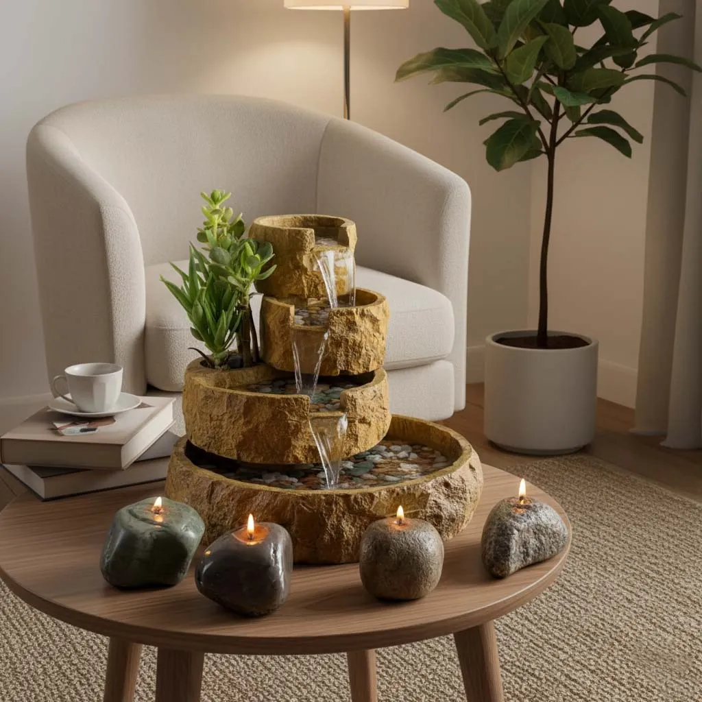 آبنما طبقاتی سنگدانه روی میز خانه مینیمال